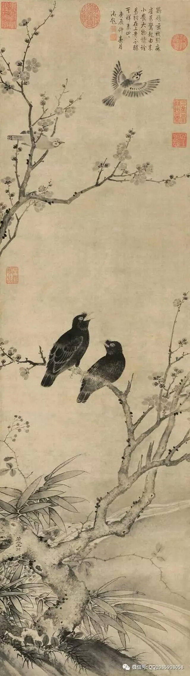 其画山水师郭熙,花鸟画师承后蜀黄筌,先勾勒后皴染水墨,浓淡深浅,极有